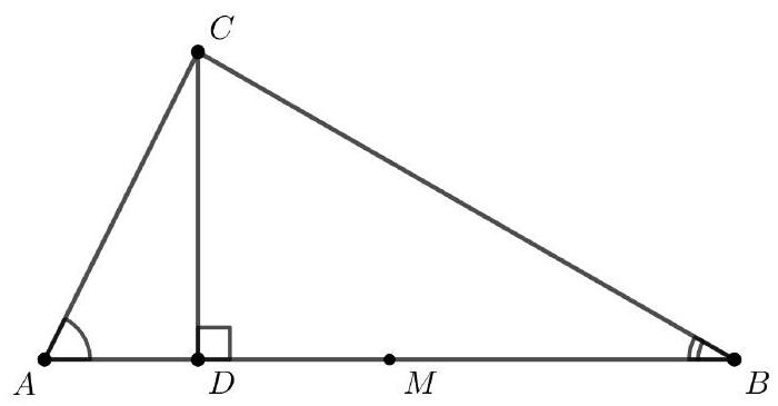A triangle ABC with point D on AB such that AD is perpendicular to BC, and M is the midpoint of AB. Angles at A and B are marked.