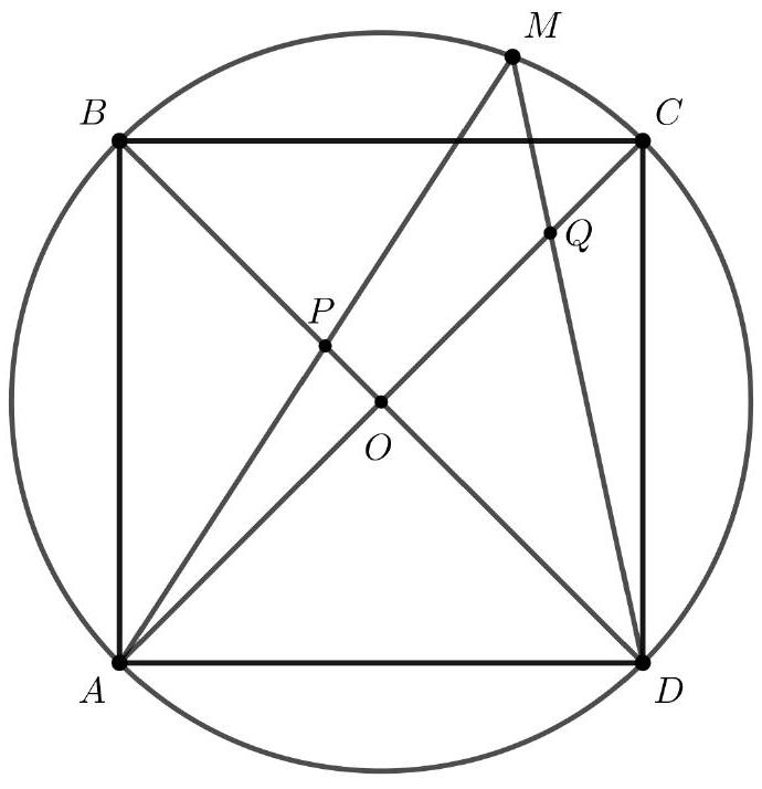 A square ABCD inscribed in a circle with center O. Point M is on arc BC, and lines AM and DM intersect diagonals BD and AC at points P and Q, respectively.