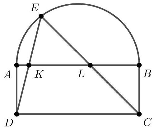 A rectangle ABCD with AB as the longer side, a semicircle with diameter AB, and a point E on the semicircle. Lines ED and EC intersect AB at points K and L, respectively, all labeled.