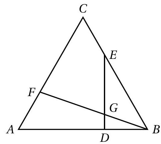 An equilateral triangle ABC with points D, E, and F marked on sides AB, BC, and CA respectively, and segments CE, BD, and AF drawn, intersecting at point G inside the triangle.
