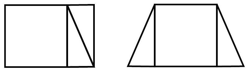 A rectangle and a trapezoid, each formed by combining the square and triangles from the previous image.
