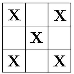 A 3x3 grid with five squares marked with X's, showing a way to block L-shapes.