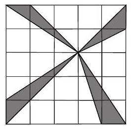 A 5 by 5 square grid with four shaded triangular regions arranged symmetrically, each triangle spanning across several squares.