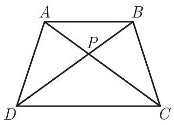 A trapezoid ABCD with AB parallel to CD and diagonals AC and BD intersecting at point P.