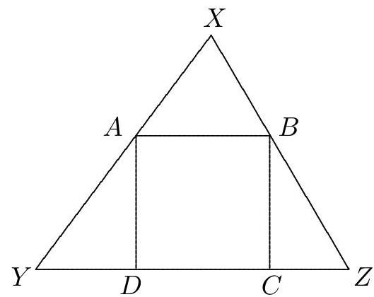 A triangle XYZ with a square ABCD inscribed such that AB is parallel to YZ and the square's sides touch the triangle.