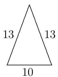 An isosceles triangle with base labeled 10 and the two equal sides labeled 13.