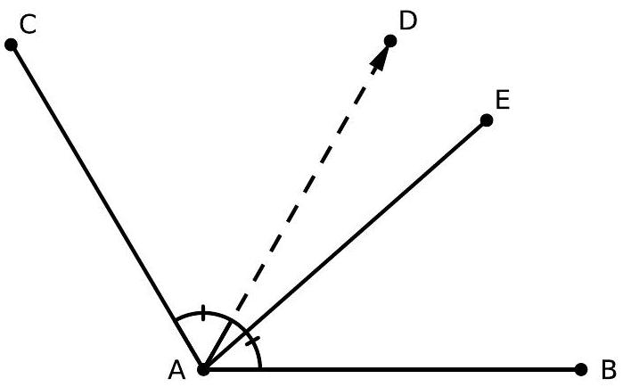 A geometric diagram with points A, B, C, D, and E, showing angle CAB with its bisector DA and another ray AE.