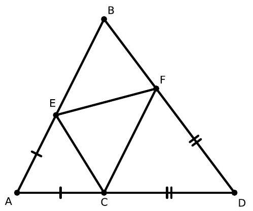A geometric diagram of triangle ABD with points E on AB and F on BD. Segments AE and AC are marked congruent, as are CD and FD. Point C is on AD, and lines EC and FC are drawn.