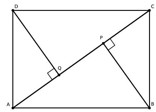 A rectangle ABCD with diagonal AC. Points P and Q are marked on AC such that AQ, PQ, and PC are equal, and right angles are indicated at AQD and BPC.