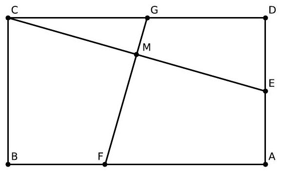 A rectangle ABCD with E as the midpoint of AD, and a segment FG passing through the midpoint M of CE.