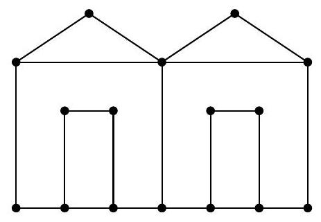 A diagram showing two adjacent house-like shapes, each with a rectangular door, formed by points and line segments representing lamps and magical wires.