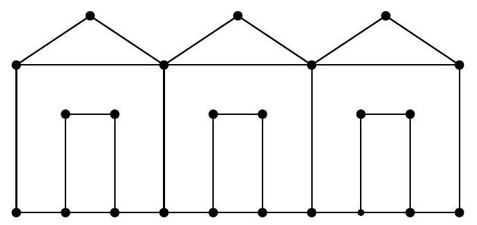 A diagram showing three adjacent house-like shapes, each with a rectangular door, formed by points and line segments representing lamps and magical wires.