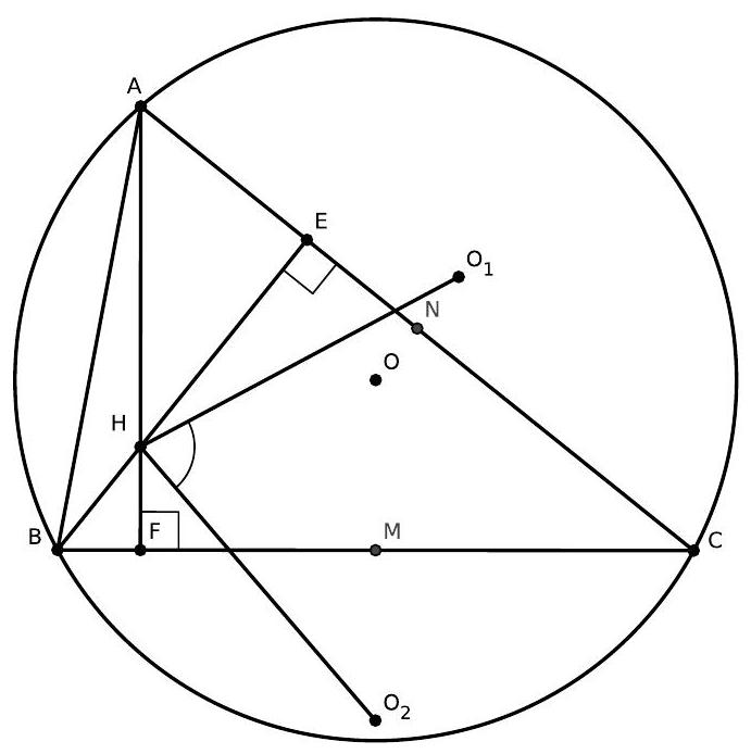 A diagram of triangle ABC with its circumcircle, showing points O (circumcenter), H (orthocenter), O1, O2, M (midpoint of BC), and additional points E, F, and N. Perpendiculars and several segments are drawn, illustrating the geometric relationships described in the problem.
