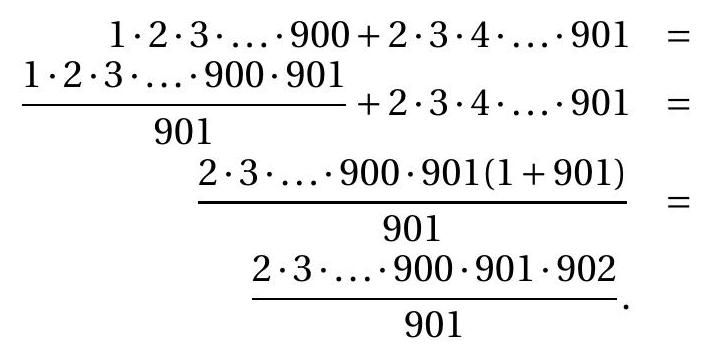 A sequence of algebraic expressions showing the sum and simplification of products of consecutive integers divided by 901, matching the problem's first part.