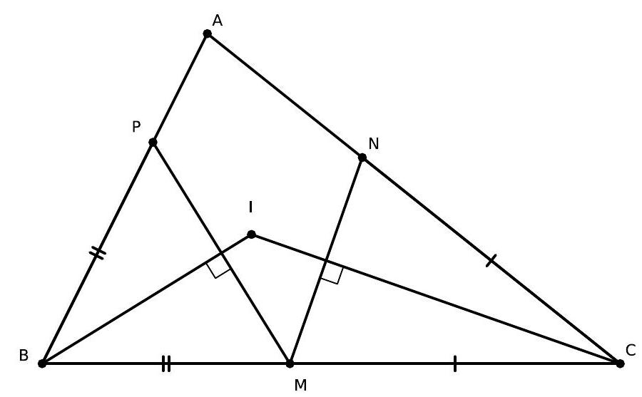 A triangle ABC with points M, N, and P marked on sides BC, CA, and AB, respectively. Perpendiculars from B to MP and from C to MN intersect at point I. Several segments and congruence marks are shown.