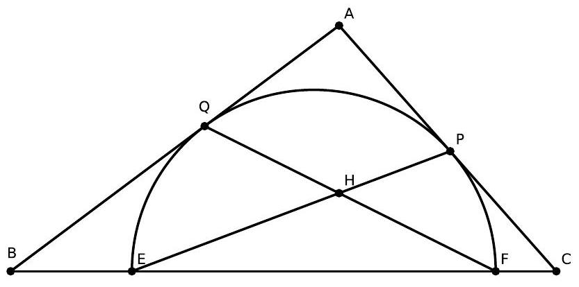 A triangle ABC with a semicircle on diameter EF along side BC, tangent to sides AB and AC at points Q and P. Lines EP and FQ intersect at H.