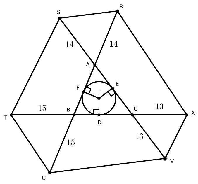 A triangle ABC with an inscribed circle tangent to the sides at points D, E, F, and six points R, S, T, U, V, X marked on the extensions of the triangle's sides, with segment lengths labeled.