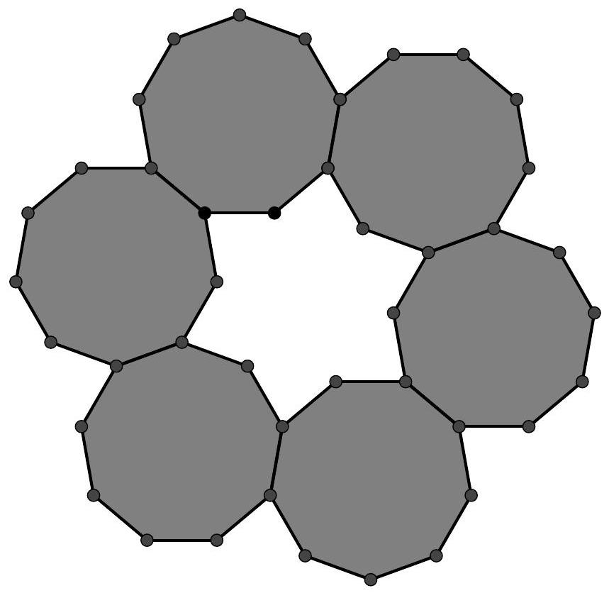 A ring of six regular nonagons arranged so that each shares a side with its neighbors, forming a symmetric annular shape.