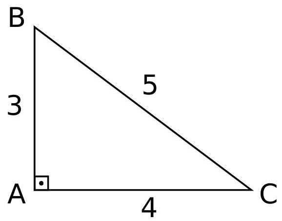 A right triangle ABC with side lengths labeled 3, 4, and 5, and a right angle at vertex A.