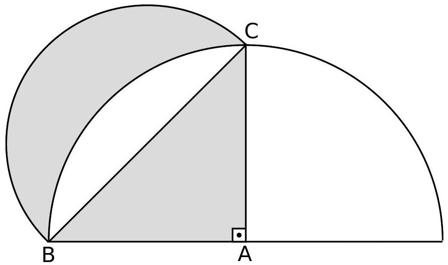 A right isosceles triangle ABC with two semicircles, one on a leg and one on the hypotenuse, forming a shaded lune region.