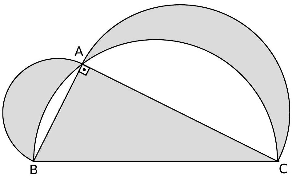 A right triangle ABC with three semicircles on each side, two smaller and one larger, forming two shaded lune regions.
