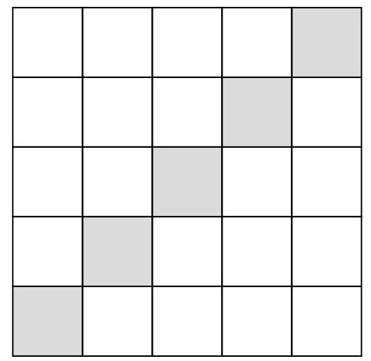 A 5 by 5 grid with the main diagonal from top left to bottom right shaded, representing the principal diagonal of the board.