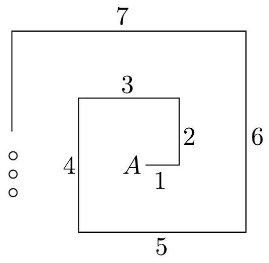 A spiral path starting at point A, with segments labeled 1 through 7, showing the first seven steps of Florinda's walk.
