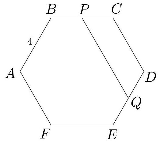 A regular hexagon labeled ABCDEF with side length 4, and points P and Q marked as midpoints of sides BC and DE.