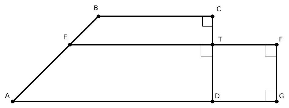 A geometric diagram showing two right trapezoids ABCD and AEFG sharing a vertex at A, with parallel sides BC parallel to EF and CD parallel to FG. Points T and D are labeled, and all right angles are marked.