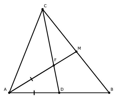 A triangle ABC with point D on AB, M the midpoint of BC, and F the intersection of CD and the median AM. Segment AF is marked equal to AD.