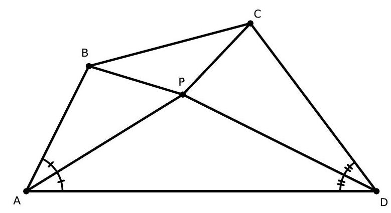 A quadrilateral ABCD with point P inside, showing angle bisectors at A and D meeting at P; side markings indicate AD = AB + CD.