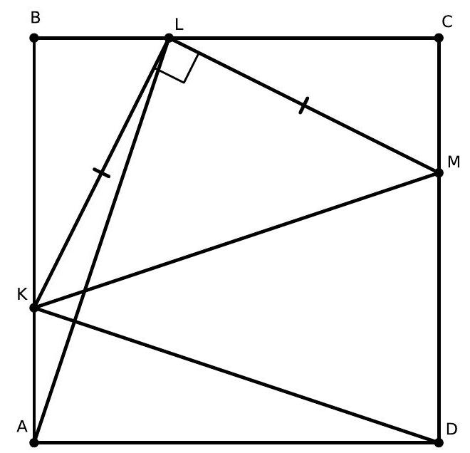 A square ABCD with points K, L, and M on sides AB, BC, and CD, respectively. Triangle KLM is drawn with a right angle at L, and segments AL and DK are shown. The triangle is marked as isosceles right at L.