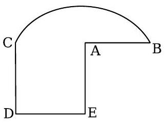 A geometric figure with points labeled A, B, C, D, and E, forming a shape with a quarter-circle arc from C to B centered at E and several straight segments.