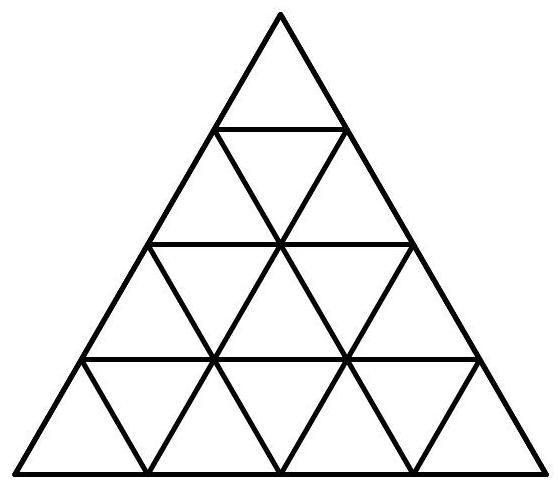 A large equilateral triangle subdivided into 16 smaller equilateral triangles of side 1, forming a triangular grid.