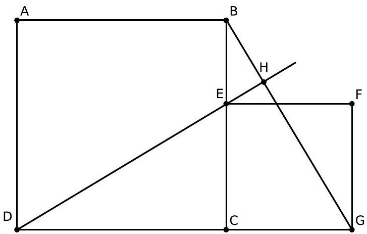 A diagram showing two adjacent squares ABCD and EFGC sharing vertex C, with lines BG and DE intersecting at point H.