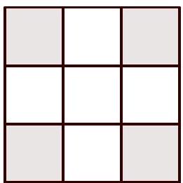 A 3 by 3 grid with four corner squares shaded, illustrating a coloring argument for covering with L-triminos.