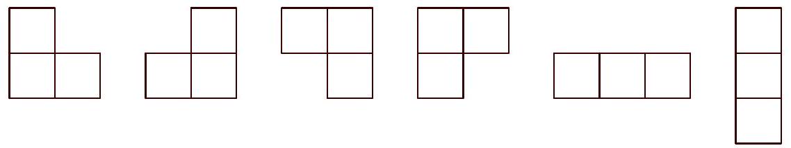 Five diagrams showing all possible orientations of L-trimino and I-trimino pieces, each formed by three connected squares.