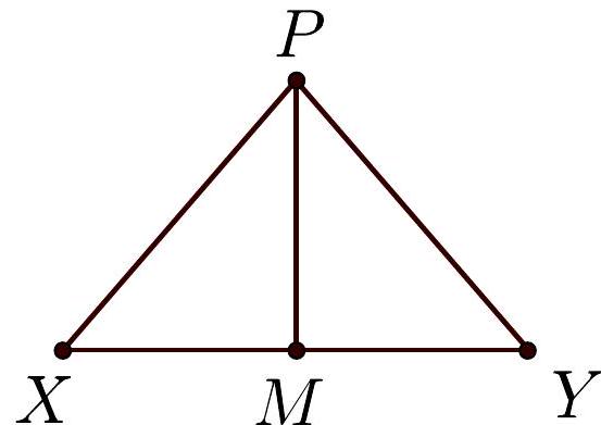 A triangle with vertices labeled X, Y, and P, and a point M on segment XY, representing the midpoint. The triangle illustrates the geometric configuration for the mediatriz problem.