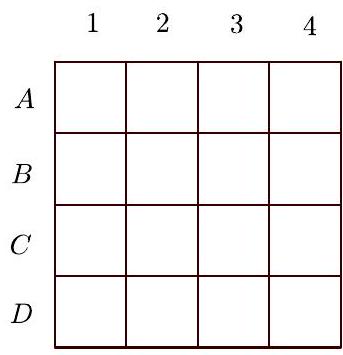 A 4 by 4 grid labeled with letters A to D for rows and numbers 1 to 4 for columns, used to identify each square.