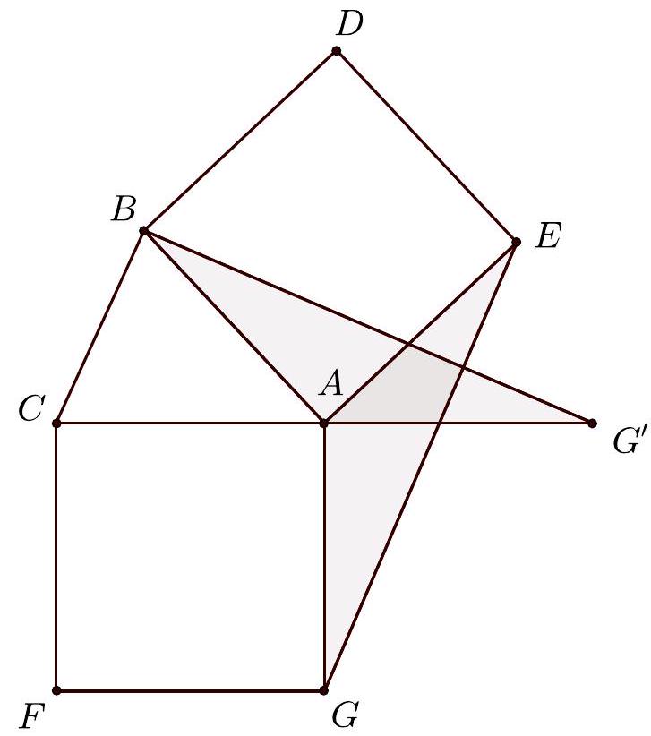 A geometric diagram showing triangle ABC, two squares ABDE and ACFG constructed on sides AB and AC, and triangle AEG. The figure also shows the point G' and the connections between these points.