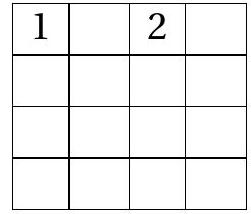 A 4 by 4 grid with the numbers 1 and 2 filled in the first two cells of the top row; the rest of the cells are empty.