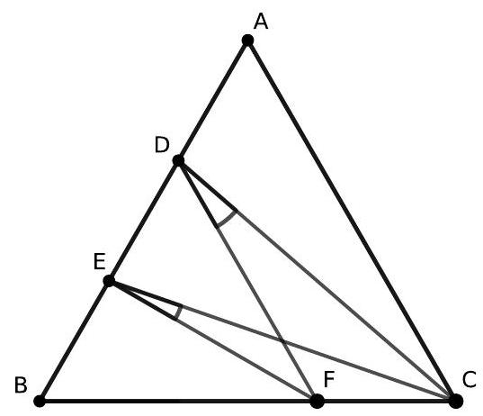 An equilateral triangle ABC with points D and E dividing side AB into three equal segments, and point F on BC such that CF equals AD. Several lines and angles are marked inside the triangle.