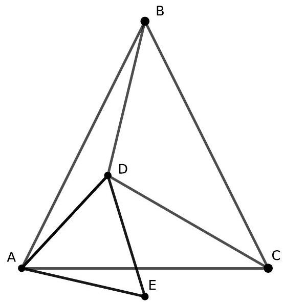 A geometric diagram showing triangle ABC with BA equal to BC, interior point D, and point E such that triangle ADE is equilateral.