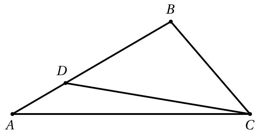 A triangle ABC with point D marked on side AB and line segment CD drawn.