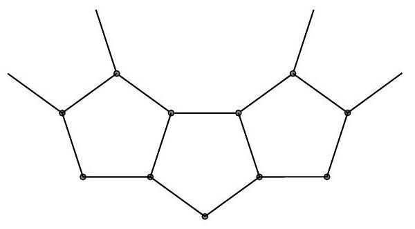 A diagram showing several regular pentagons connected edge-to-edge in a curved chain, illustrating part of a necklace made of pentagonal plates.