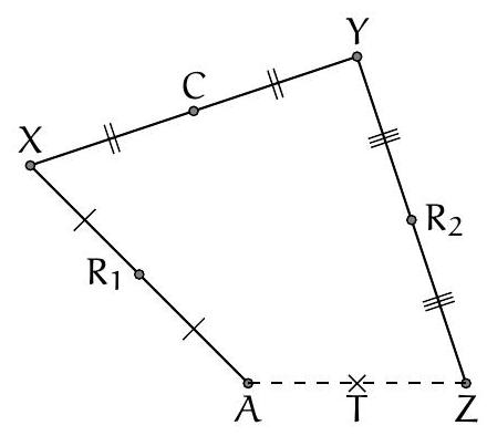A quadrilateral with points labeled A, X, Y, Z, and marked midpoints R1, C, R2, and T; T is the midpoint of segment AZ.