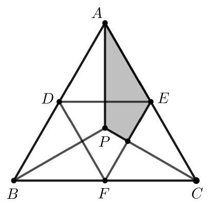 An equilateral triangle ABC with midpoints D, E, F marked, center P, and a shaded region near vertex A.