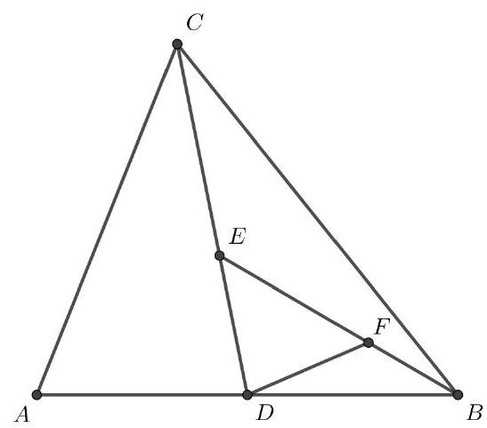 A triangle ABC with point D as the midpoint of AB, and points E and F marked on CD and BD respectively, forming triangle BDF inside ABC.