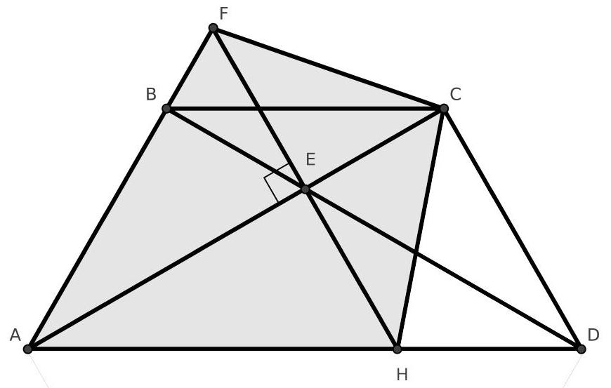 A labeled trapezoid ABCD with bases BC and AD, diagonals intersecting at E, a perpendicular from E to AC meeting the extension of AB at F and AD at H; all relevant points are marked.