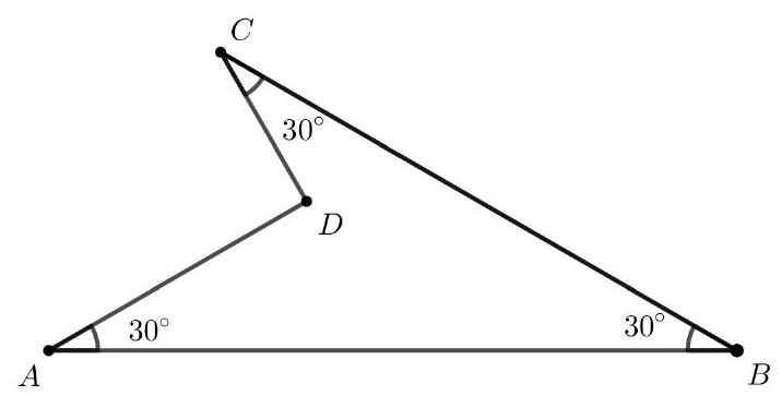 A quadrilateral ABCD with labeled vertices and angles; angles at A, B, and C are marked as 30 degrees.